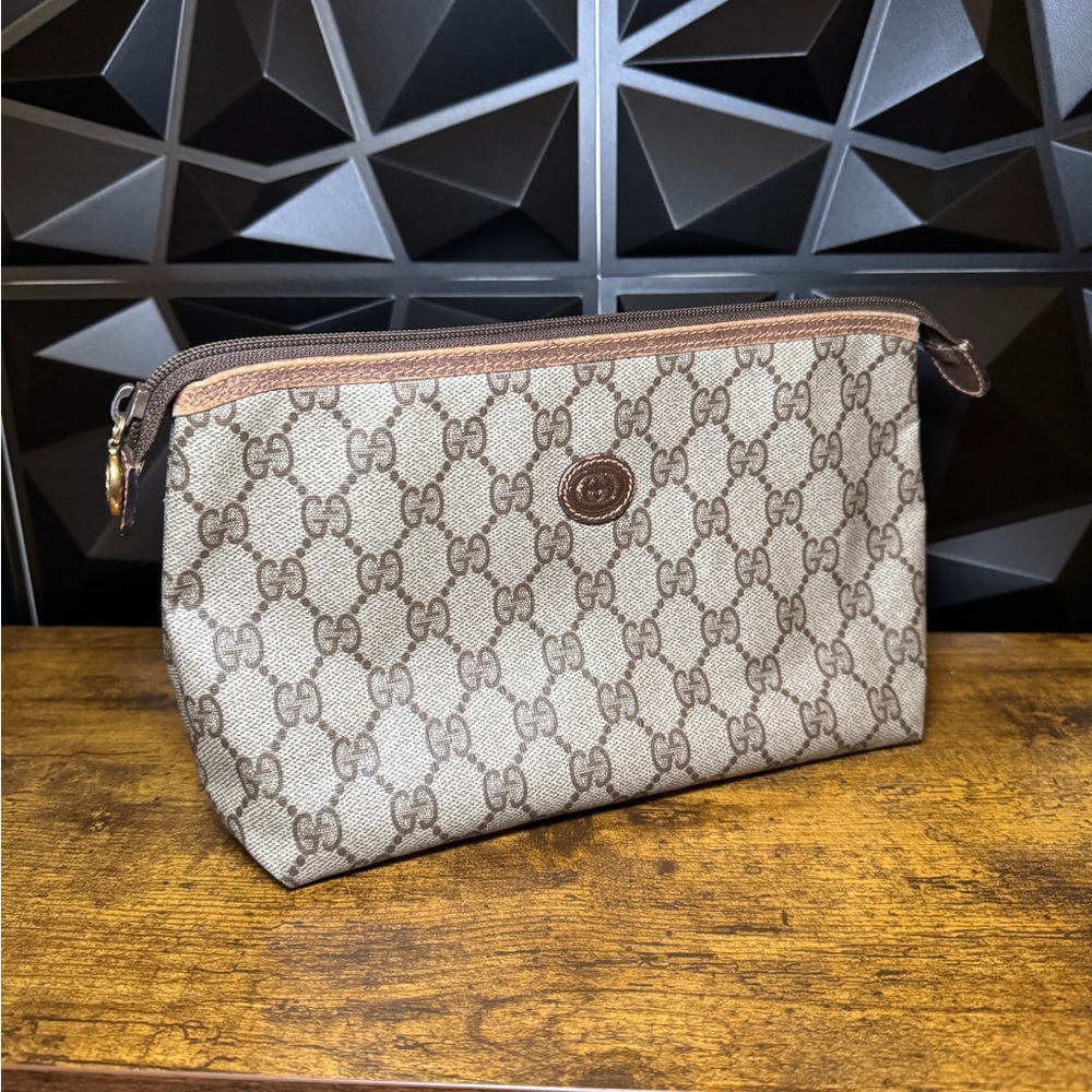 Gucci Beige and Brown Monogram Cosmetic Bag Pouch